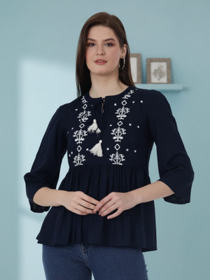 BIRDIEfashion Casual Embroidered Women Dark Blue Top