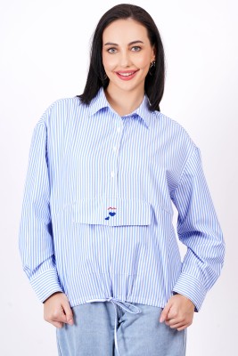 MINGLAY Casual Striped Women Blue Top