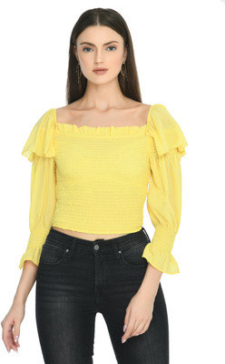 AllenQueen Casual Solid Women Yellow Top