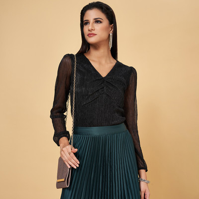 Annabelle by Pantaloons Casual Self Design Women Black Top