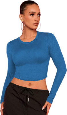 THE BLAZZE Casual Solid Women Dark Blue Top