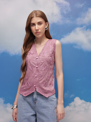 CORSICA Casual Embroidered Women Pink Top