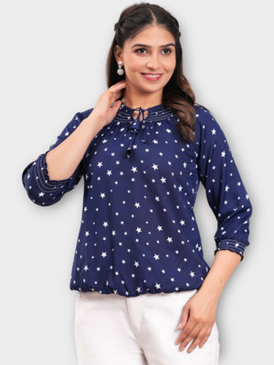 Pittra4ever Casual Printed Women Dark Blue Top