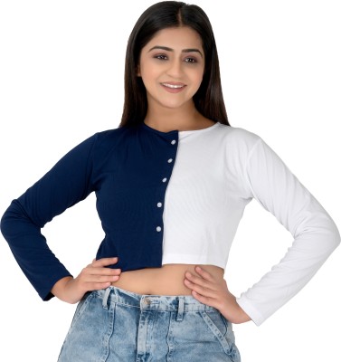 VS Store Casual Color Block Women Dark Blue, White Top