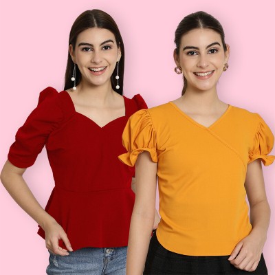 Tromko Casual Solid Women Yellow, Maroon Top