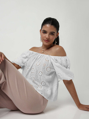 SHOWOFFFF Casual Self Design Women White Top
