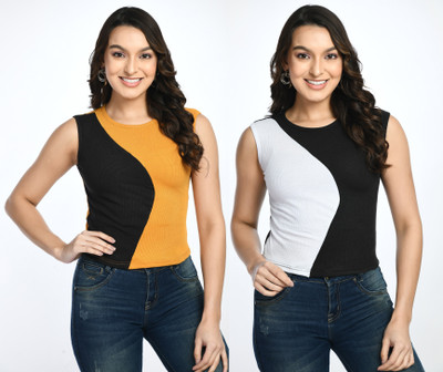 GLADLY Casual Color Block Women Yellow, Black Top