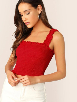 QUINTESSENTIALS Casual Sleeveless Solid Women Red Top