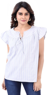 JVNINE Casual Striped Women Grey Top