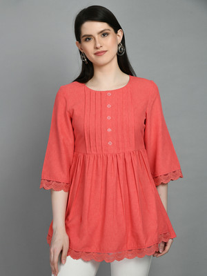Meesan Casual Solid Women Orange Top