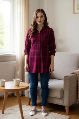 Hive91 Casual 3/4 Sleeve Checkered Women Maroon Top