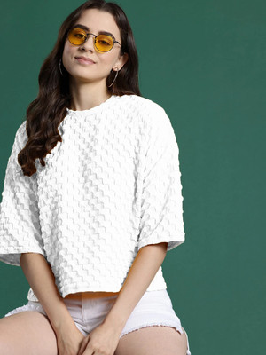 Rahi Trendz Self Design Women Round Neck White T-Shirt