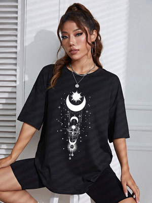 Aahwan Printed Women Round Neck Black T-Shirt