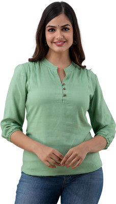 Djngkldjng Party Solid Women Light Green Top