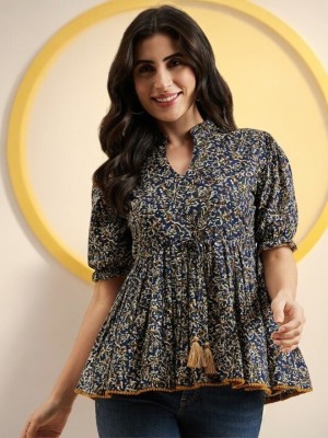 Mahira's Comfort Women Geometric Print A-line Kurta(Dark Blue)