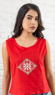 Hunar Casual Embroidered Women Red Top