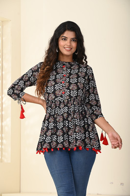 saadgee Casual Floral Print Women Black Top