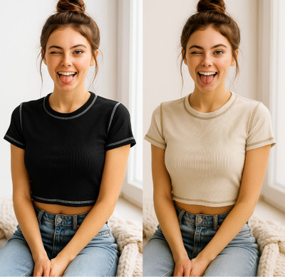 Crezystyl Casual Self Design Women Black, Beige Top