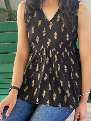 Fabkrave Casual Floral Print Women Black Top