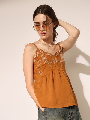 ONLY Casual Embroidered Women Brown Top