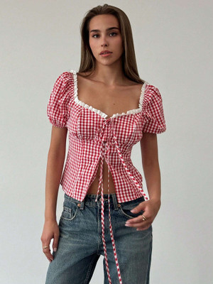 QUINTESSENTIALS Casual Checkered Women Red Top