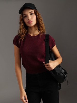 LIMEROAD Casual Solid Women Maroon Top