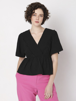 VERO MODA Casual Solid Women Black Top