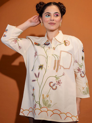 ZUMMER Casual Embroidered Women White Top