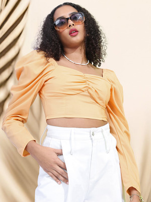 Tokyo Talkies Casual Solid Women Orange Top