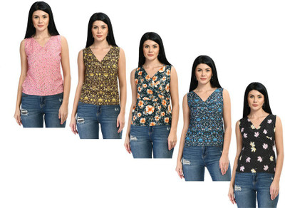 IndiWeaves Casual Floral Print Women Blue, Pink, Black Top
