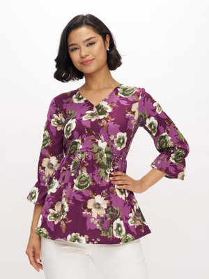 AASK Casual Floral Print Women Purple Top