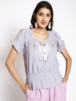 250 Designs Casual Embroidered, Floral Print Women Blue Top