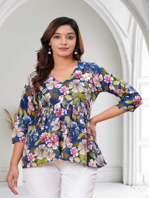 Labhanshi Creation Casual Floral Print Women Blue Top