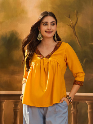 Sangria Casual Solid Women Yellow Top