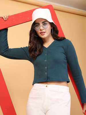 RIGO Casual Self Design Women Dark Green Top