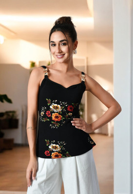 HouseOfCommon Casual Printed Women Black Top