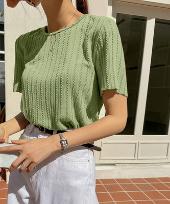 TEES HUB Casual Self Design Women Green Top