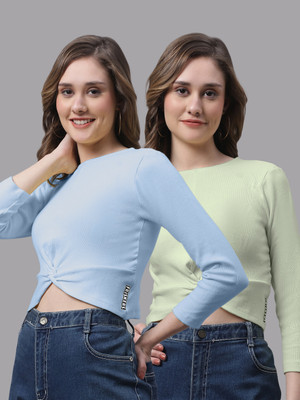 FBAR Casual Self Design Women Light Blue, Light Green Top