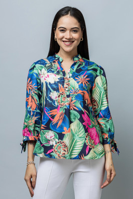 PURYS Casual Floral Print Women Blue Top