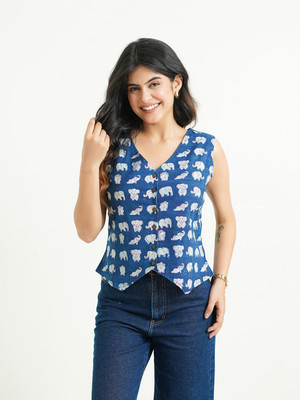 Goodhand Casual Floral Print Women Dark Blue Top