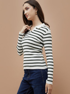Fame Forever by Lifestyle Casual Striped Women Green, White Top