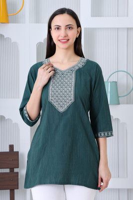 zuha enterprises Casual Embroidered Women Dark Green Top