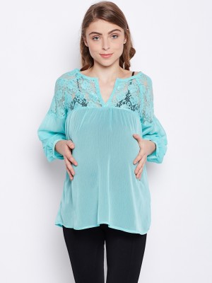 OXOLLOXO Casual Bishop Sleeve Self Design Women Blue Top