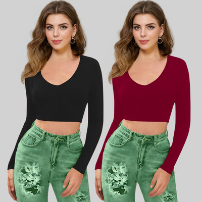 Dream Beauty Fashion Casual Self Design Women Maroon, Black Top