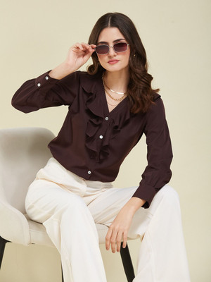J TURRITOPSIS Casual Solid Women Brown Top