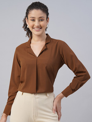 SENGROW Casual Solid Women Brown Top