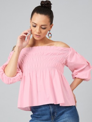 ATHENA Casual Puff Sleeve Solid Women Pink Top