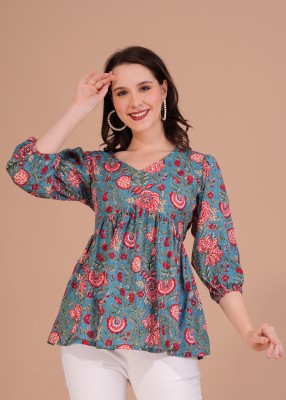 Shions Casual Floral Print Women Blue Top