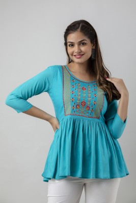 Women Touch Casual Embroidered Women Light Blue Top