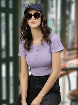 Ann Springs Casual Solid Women Purple Top